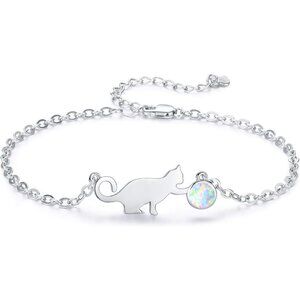 Sterling Silver Opal Kawaii Cat Bracelet for Women, Hypoallergenic, Adjustable